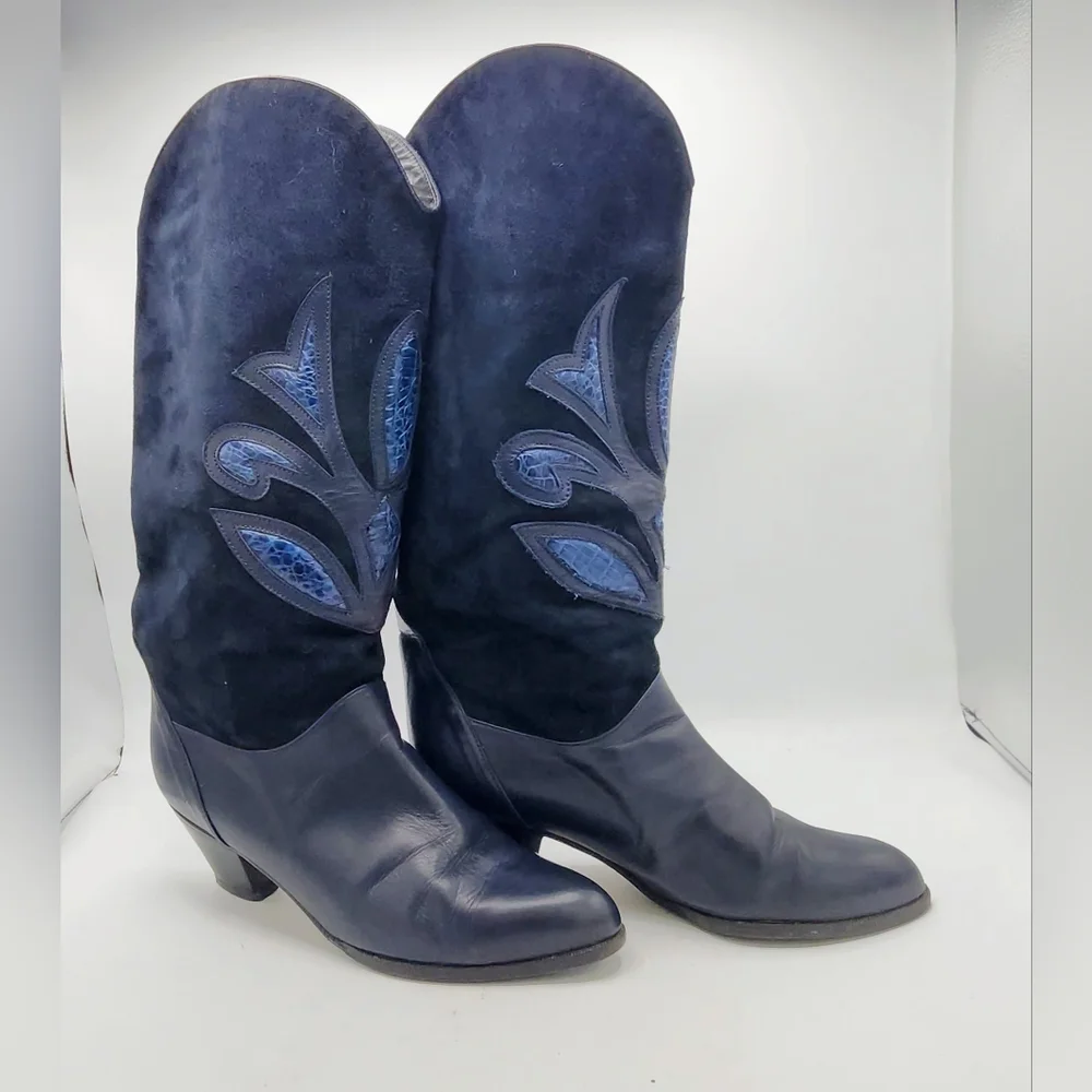 Brunella Italy Vintage Navy Leather & Suede Tall Western Boots Size US 8.5 - 9